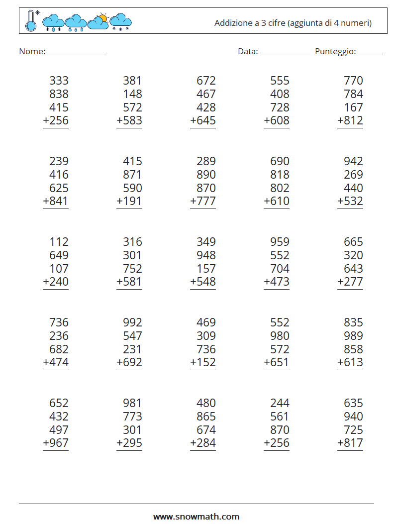 (25) Addizione a 3 cifre (aggiunta di 4 numeri) Fogli di lavoro di matematica 7