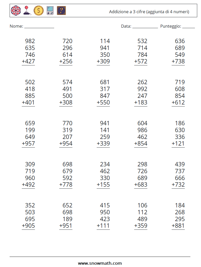(25) Addizione a 3 cifre (aggiunta di 4 numeri) Fogli di lavoro di matematica 8