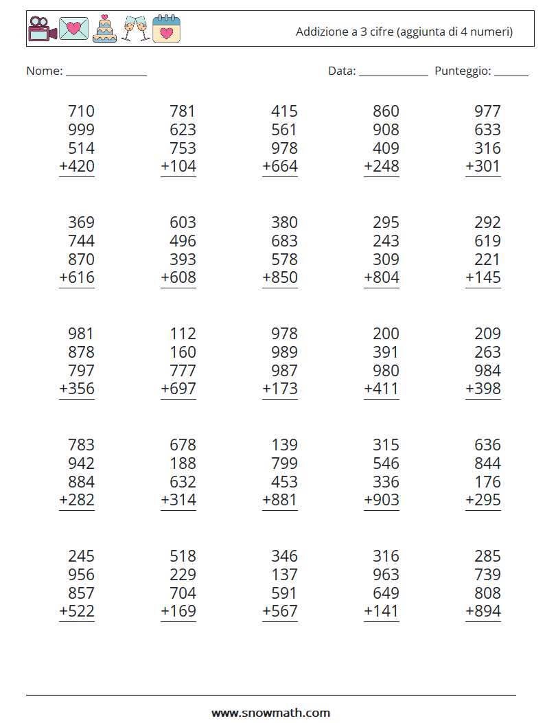 (25) Addizione a 3 cifre (aggiunta di 4 numeri) Fogli di lavoro di matematica 9