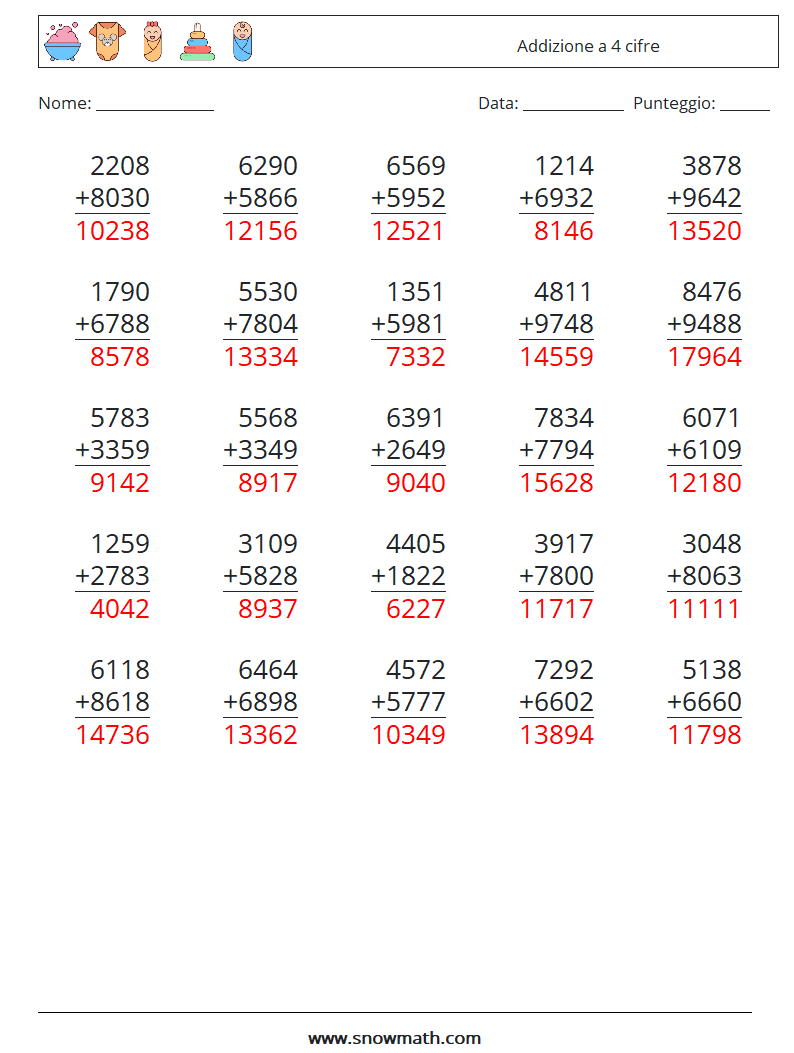 (25) Addizione a 4 cifre Fogli di lavoro di matematica 18 Domanda, Risposta