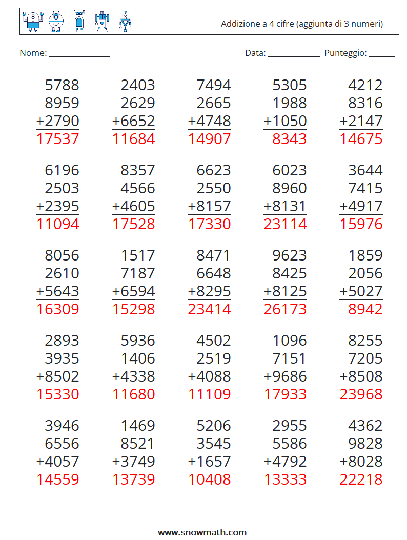 (25) Addizione a 4 cifre (aggiunta di 3 numeri) Fogli di lavoro di matematica 10 Domanda, Risposta