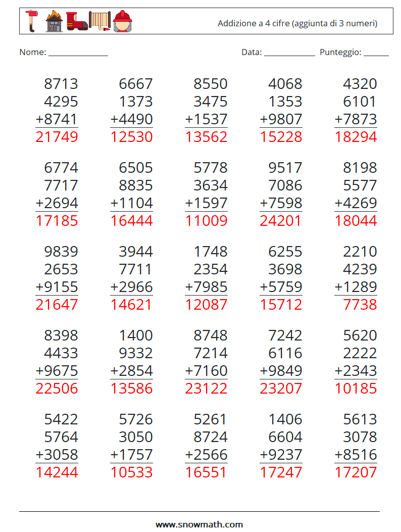 (25) Addizione a 4 cifre (aggiunta di 3 numeri) Fogli di lavoro di matematica 11 Domanda, Risposta