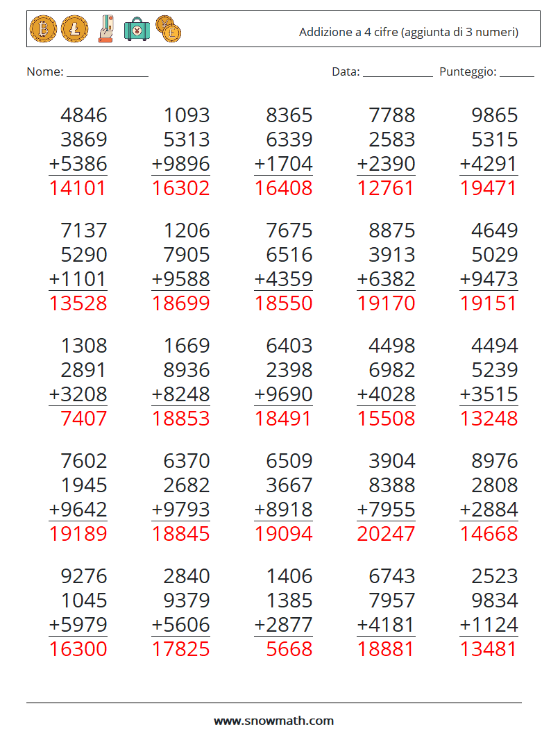 (25) Addizione a 4 cifre (aggiunta di 3 numeri) Fogli di lavoro di matematica 12 Domanda, Risposta