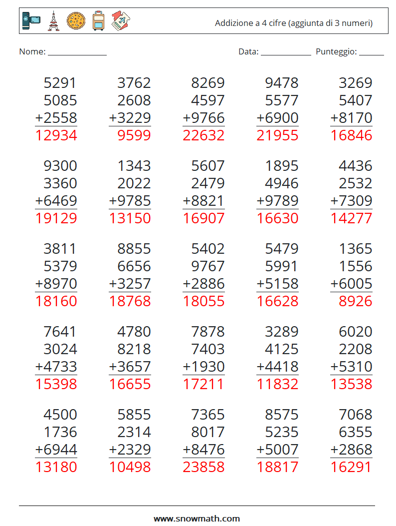 (25) Addizione a 4 cifre (aggiunta di 3 numeri) Fogli di lavoro di matematica 14 Domanda, Risposta