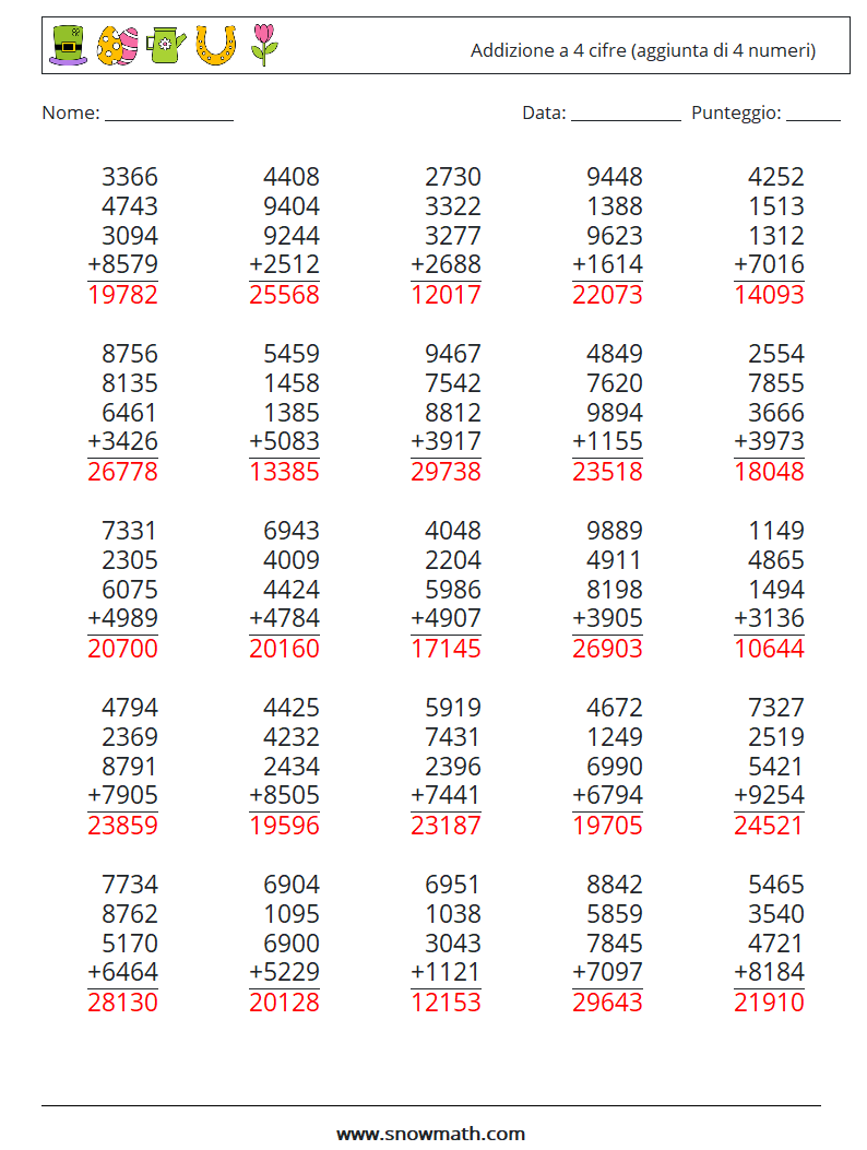 (25) Addizione a 4 cifre (aggiunta di 4 numeri) Fogli di lavoro di matematica 10 Domanda, Risposta