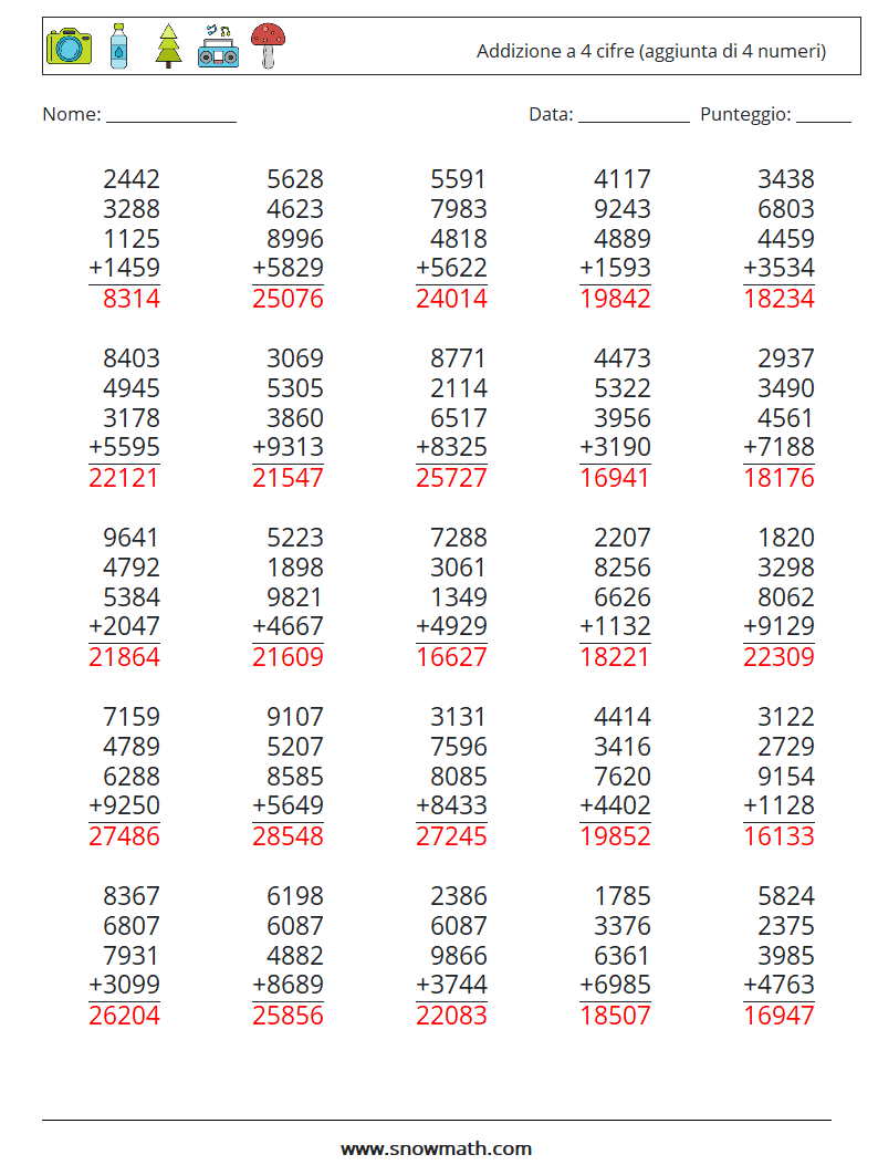 (25) Addizione a 4 cifre (aggiunta di 4 numeri) Fogli di lavoro di matematica 14 Domanda, Risposta