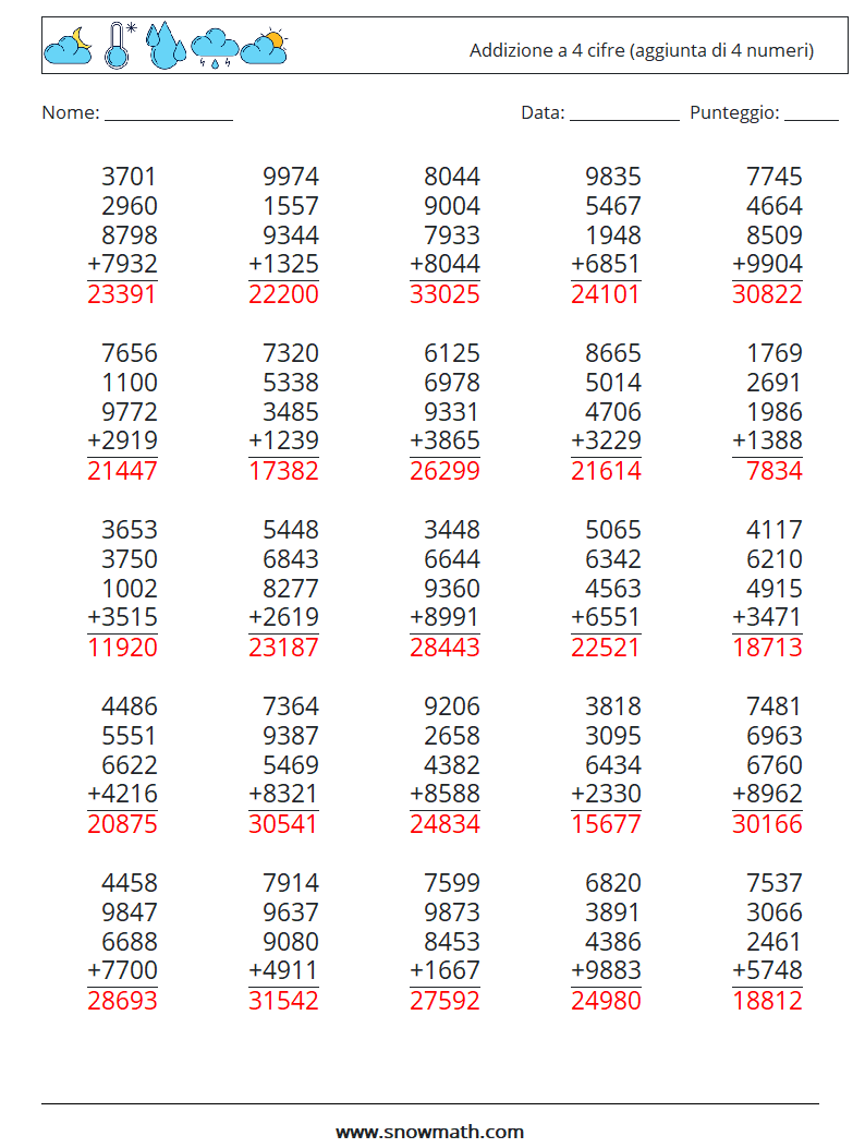 (25) Addizione a 4 cifre (aggiunta di 4 numeri) Fogli di lavoro di matematica 16 Domanda, Risposta