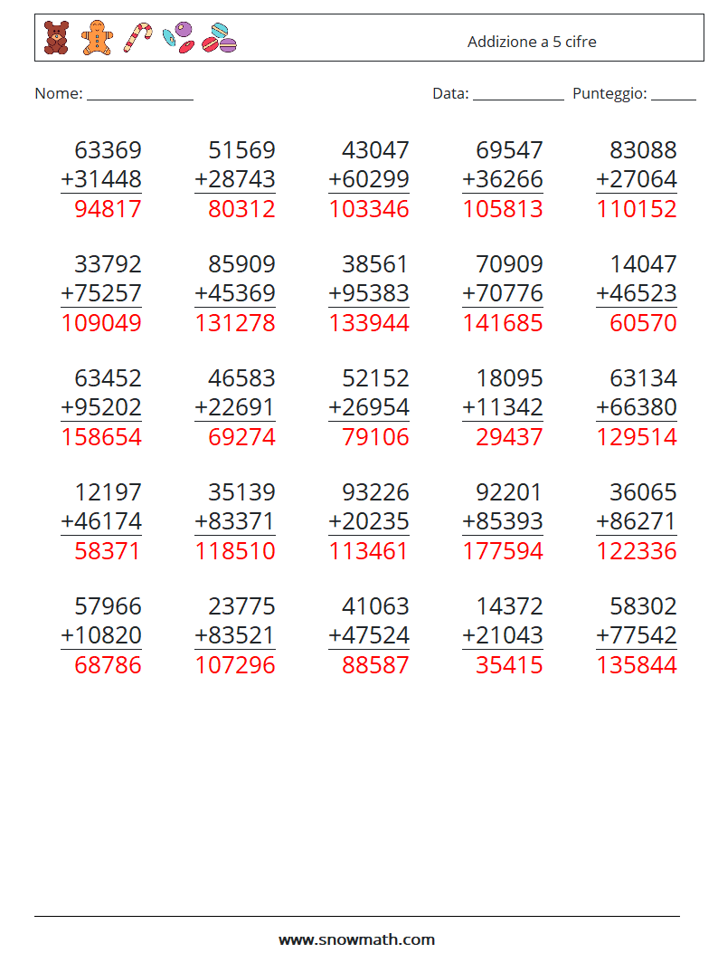 (25) Addizione a 5 cifre Fogli di lavoro di matematica 10 Domanda, Risposta