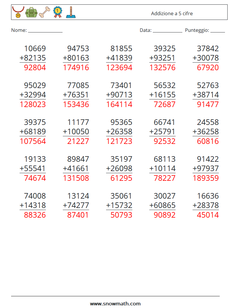 (25) Addizione a 5 cifre Fogli di lavoro di matematica 14 Domanda, Risposta