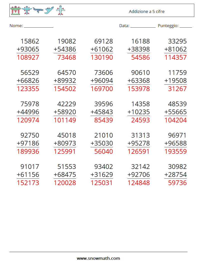 (25) Addizione a 5 cifre Fogli di lavoro di matematica 15 Domanda, Risposta