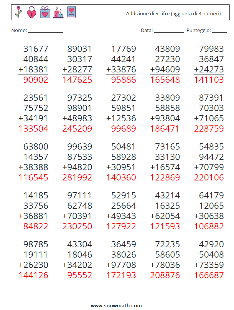 (25) Addizione di 5 cifre (aggiunta di 3 numeri) Fogli di lavoro di matematica 15 Domanda, Risposta