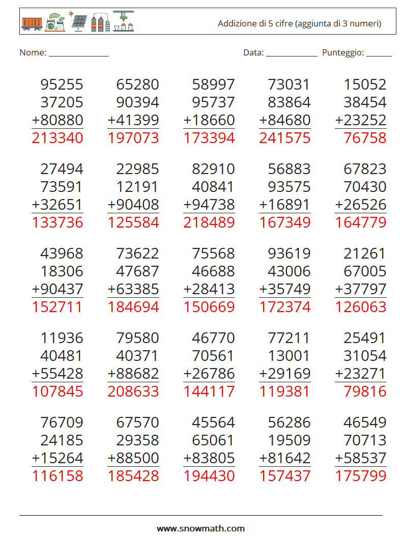 (25) Addizione di 5 cifre (aggiunta di 3 numeri) Fogli di lavoro di matematica 16 Domanda, Risposta