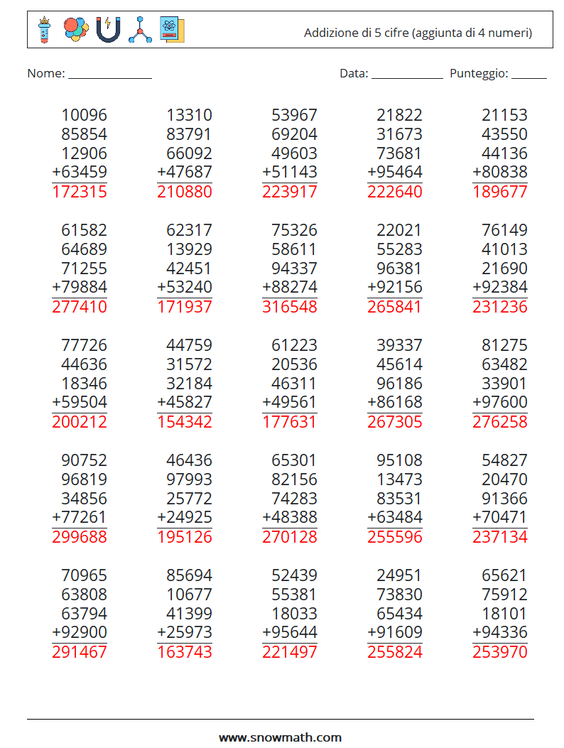 (25) Addizione di 5 cifre (aggiunta di 4 numeri) Fogli di lavoro di matematica 11 Domanda, Risposta