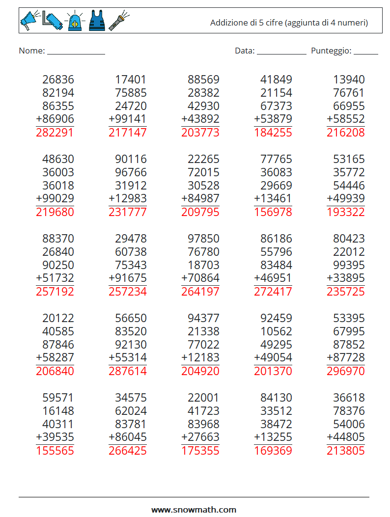 (25) Addizione di 5 cifre (aggiunta di 4 numeri) Fogli di lavoro di matematica 12 Domanda, Risposta