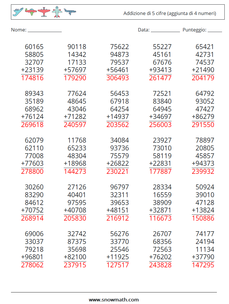 (25) Addizione di 5 cifre (aggiunta di 4 numeri) Fogli di lavoro di matematica 15 Domanda, Risposta