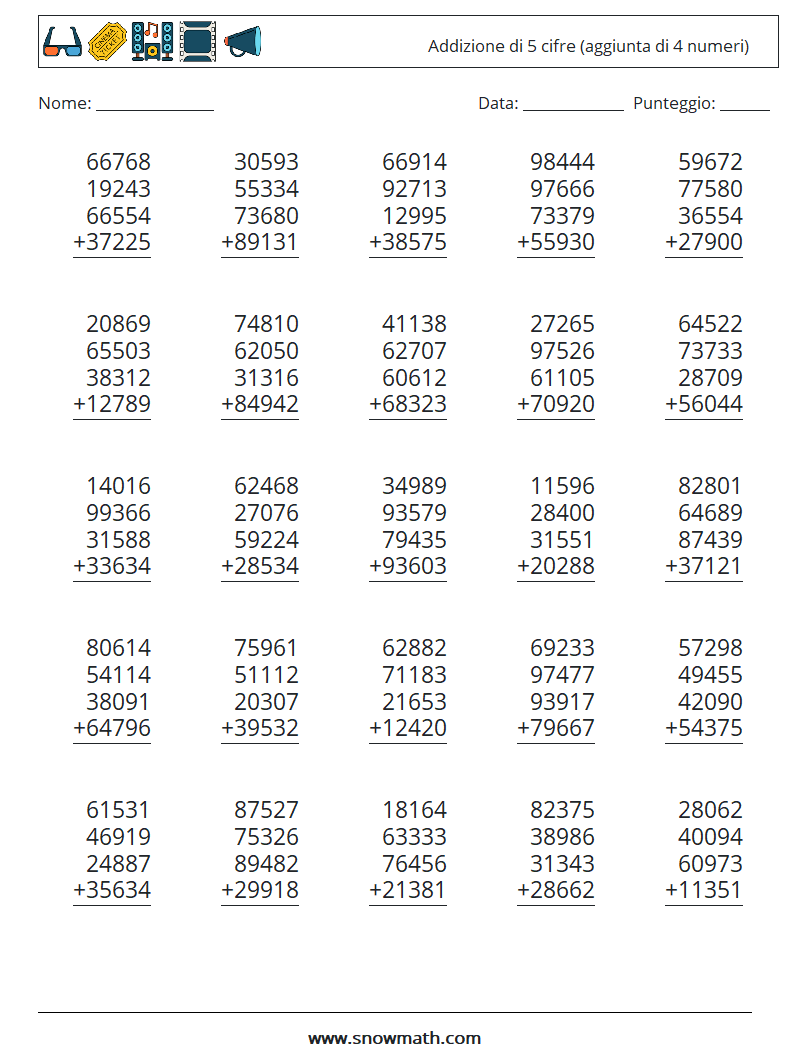 (25) Addizione di 5 cifre (aggiunta di 4 numeri) Fogli di lavoro di matematica 16