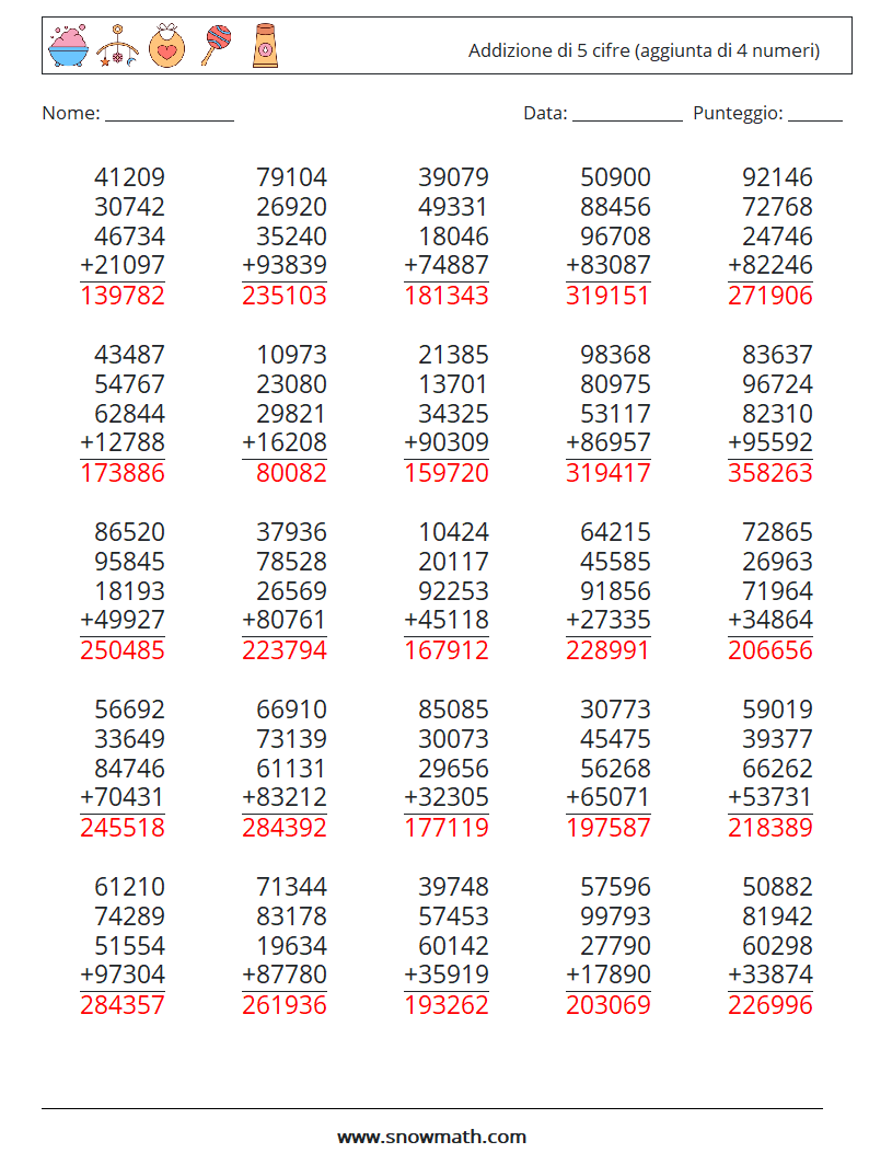 (25) Addizione di 5 cifre (aggiunta di 4 numeri) Fogli di lavoro di matematica 17 Domanda, Risposta