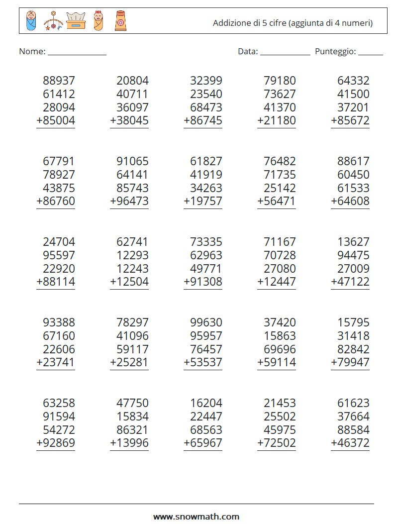 (25) Addizione di 5 cifre (aggiunta di 4 numeri) Fogli di lavoro di matematica 3
