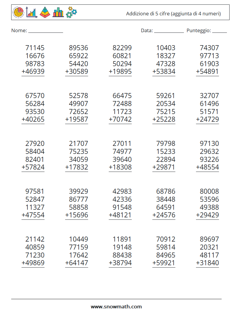 (25) Addizione di 5 cifre (aggiunta di 4 numeri) Fogli di lavoro di matematica 4