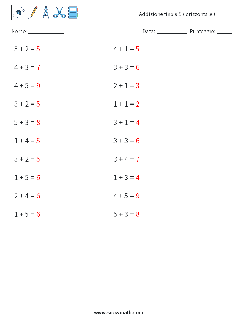 (20) Addizione fino a 5 ( orizzontale ) Fogli di lavoro di matematica 1 Domanda, Risposta