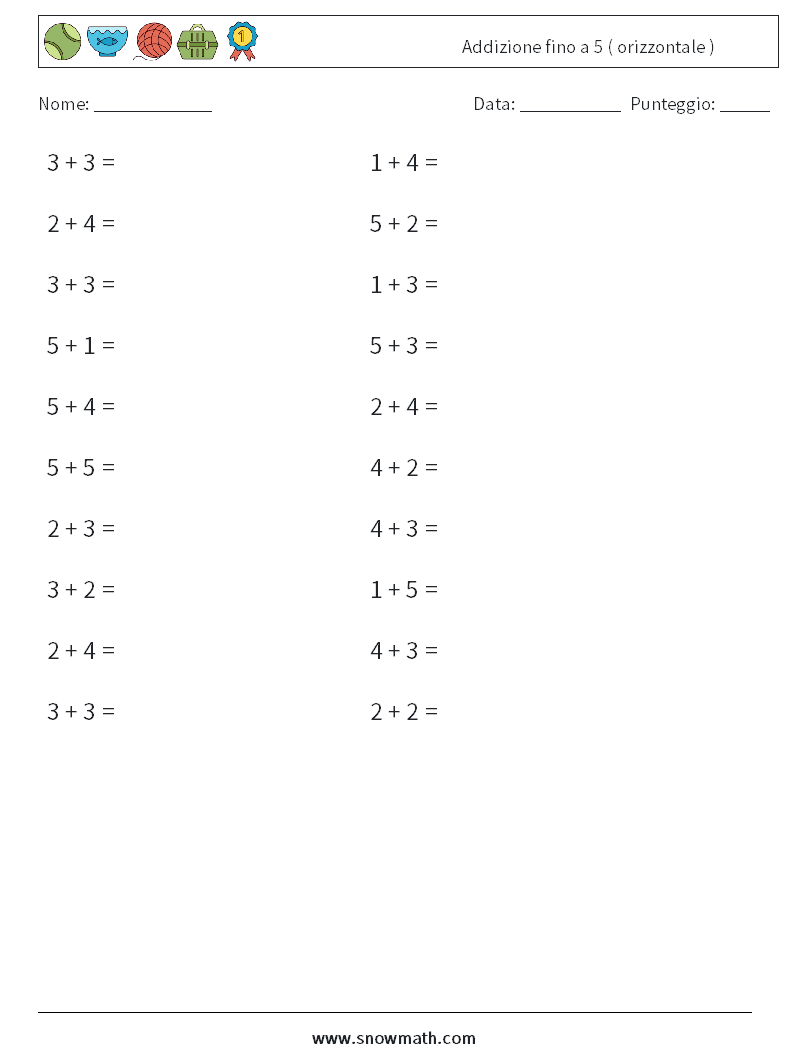 (20) Addizione fino a 5 ( orizzontale ) Fogli di lavoro di matematica 3