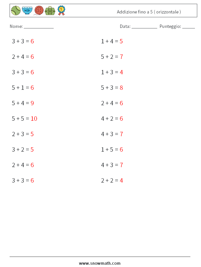 (20) Addizione fino a 5 ( orizzontale ) Fogli di lavoro di matematica 3 Domanda, Risposta
