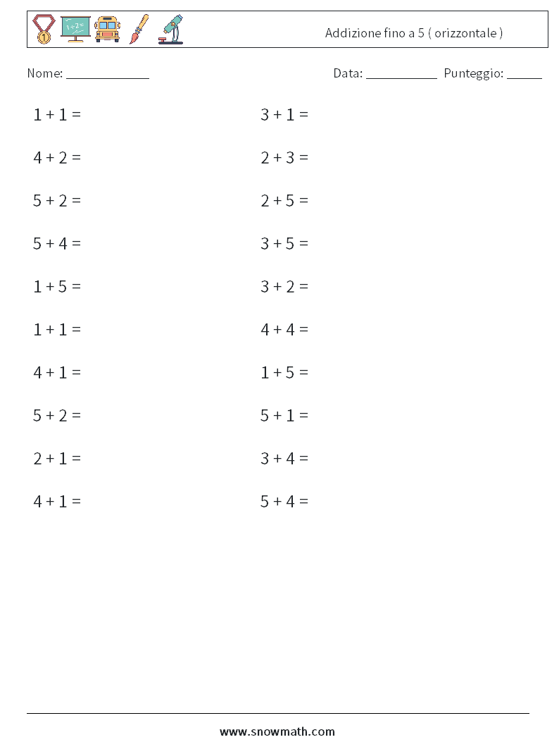(20) Addizione fino a 5 ( orizzontale ) Fogli di lavoro di matematica 4