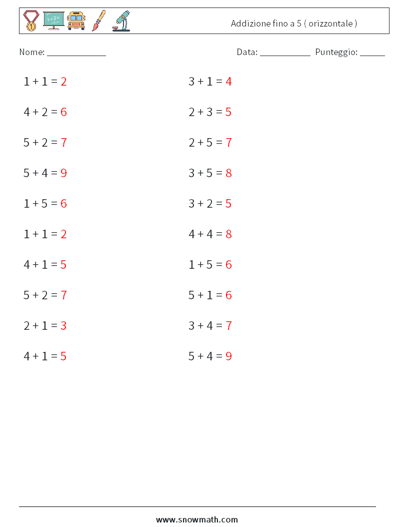 (20) Addizione fino a 5 ( orizzontale ) Fogli di lavoro di matematica 4 Domanda, Risposta