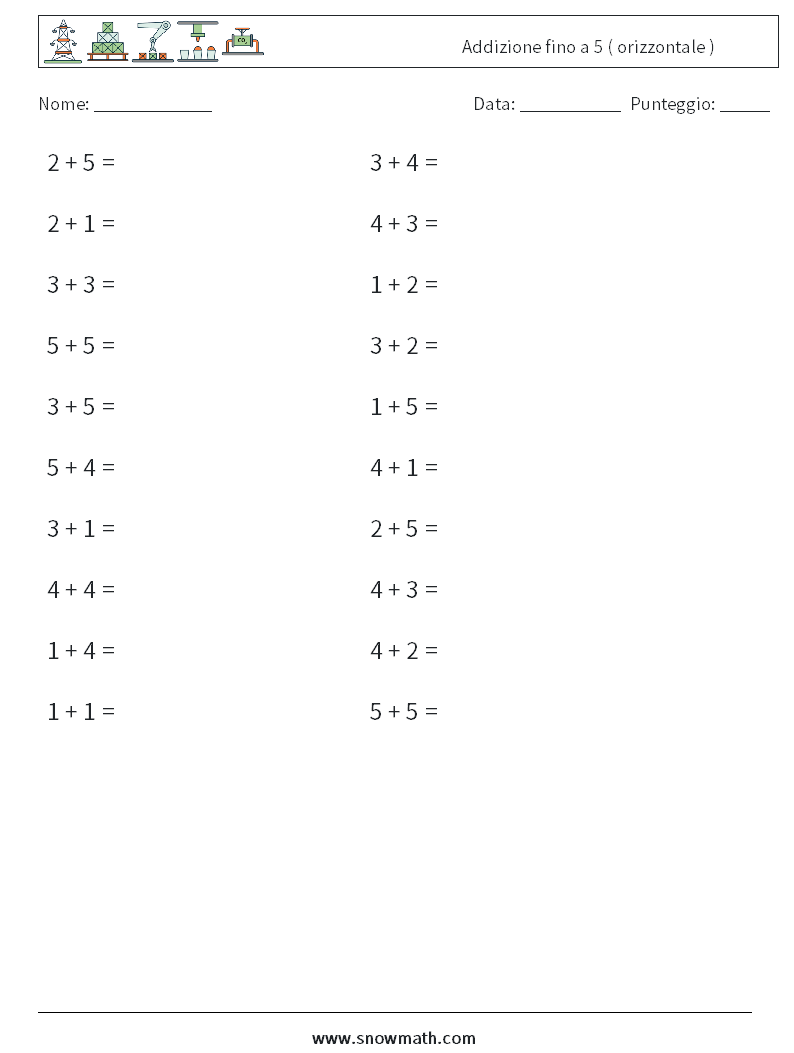 (20) Addizione fino a 5 ( orizzontale ) Fogli di lavoro di matematica 6
