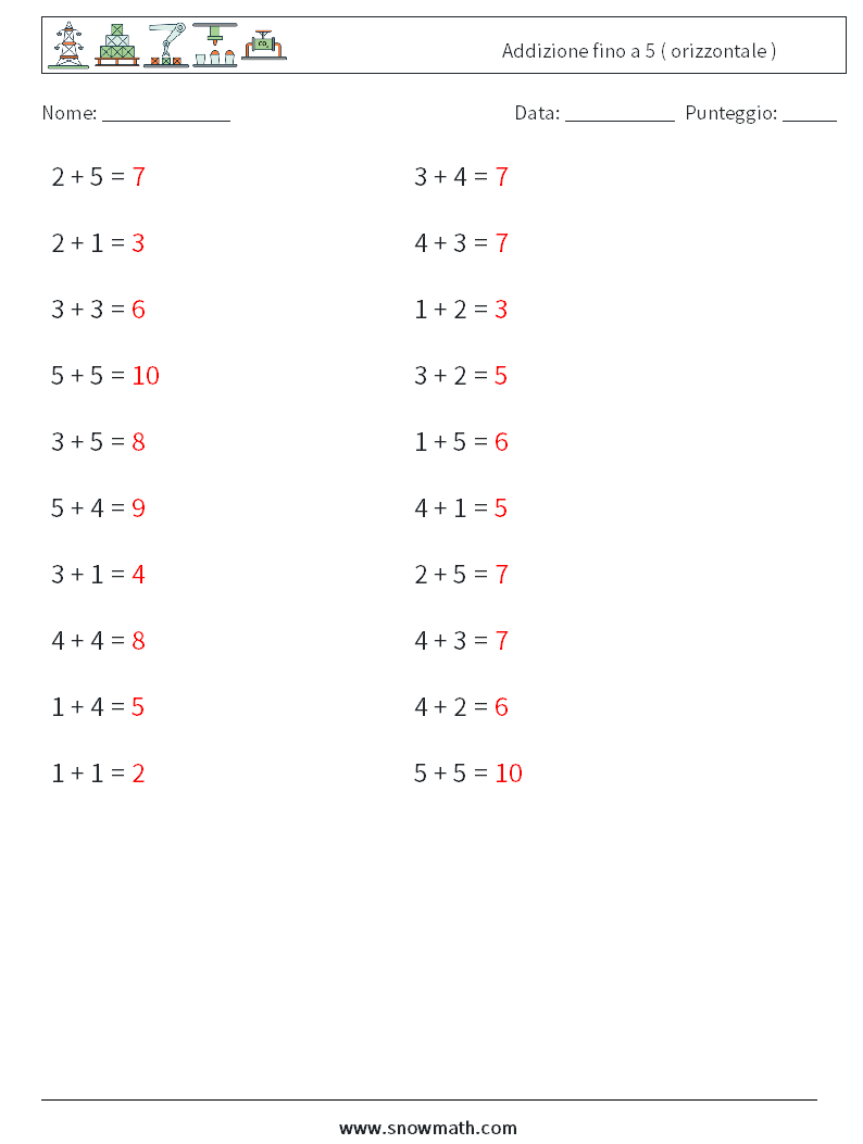 (20) Addizione fino a 5 ( orizzontale ) Fogli di lavoro di matematica 6 Domanda, Risposta