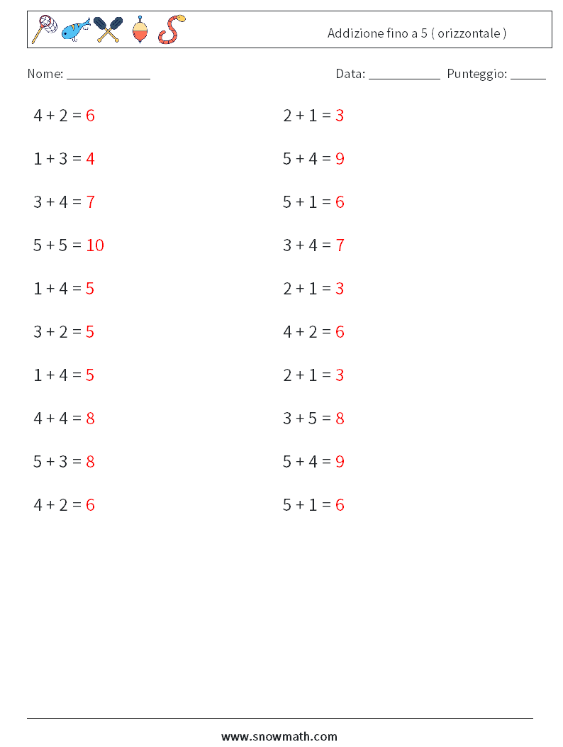(20) Addizione fino a 5 ( orizzontale ) Fogli di lavoro di matematica 7 Domanda, Risposta