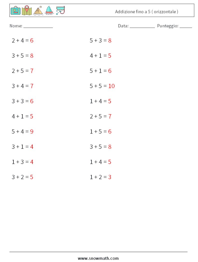 (20) Addizione fino a 5 ( orizzontale ) Fogli di lavoro di matematica 8 Domanda, Risposta