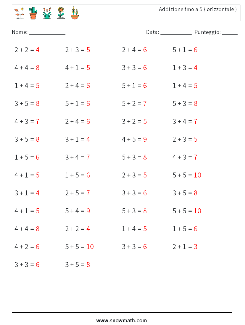 (50) Addizione fino a 5 ( orizzontale ) Fogli di lavoro di matematica 1 Domanda, Risposta