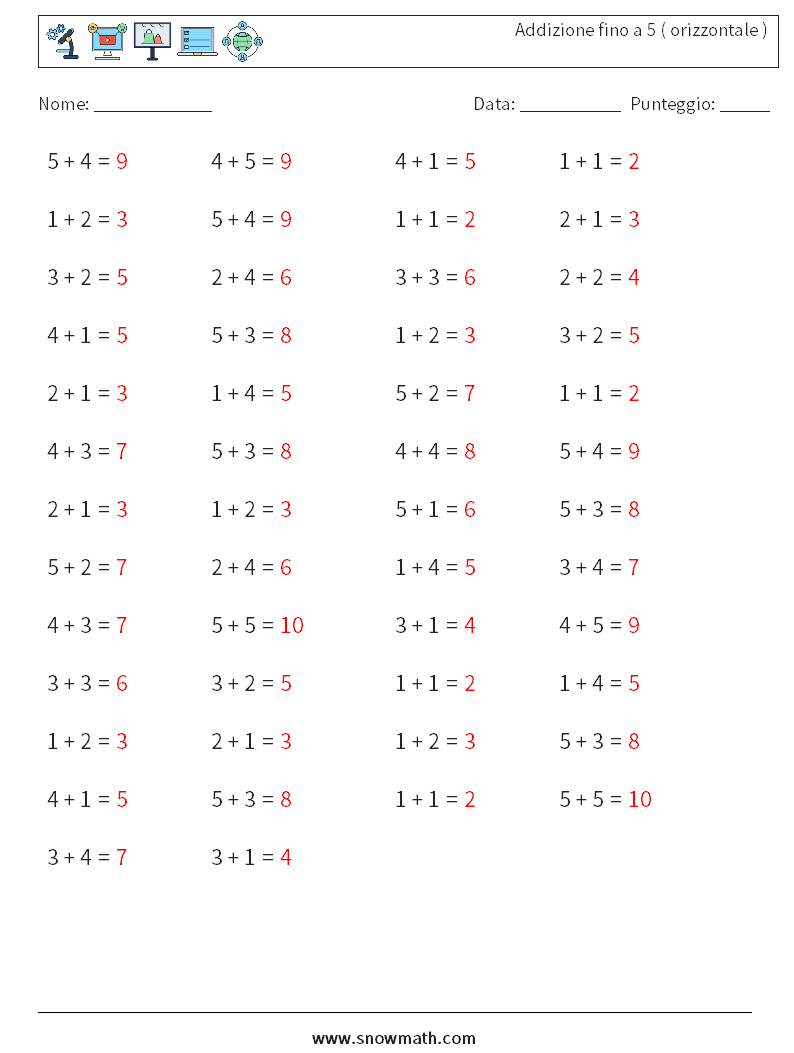 (50) Addizione fino a 5 ( orizzontale ) Fogli di lavoro di matematica 2 Domanda, Risposta