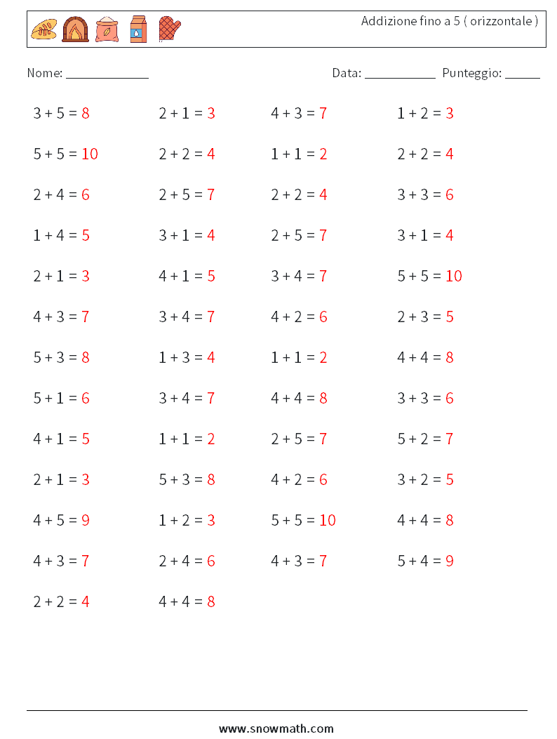 (50) Addizione fino a 5 ( orizzontale ) Fogli di lavoro di matematica 3 Domanda, Risposta