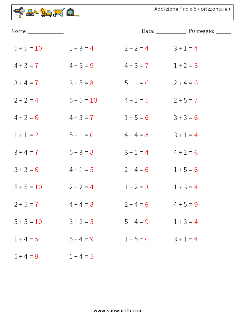 (50) Addizione fino a 5 ( orizzontale ) Fogli di lavoro di matematica 4 Domanda, Risposta