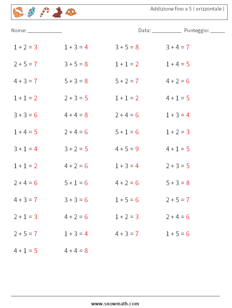 (50) Addizione fino a 5 ( orizzontale ) Fogli di lavoro di matematica 6 Domanda, Risposta