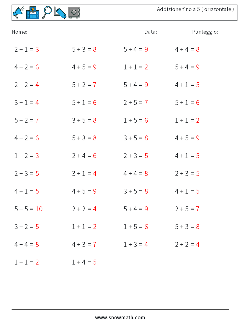 (50) Addizione fino a 5 ( orizzontale ) Fogli di lavoro di matematica 7 Domanda, Risposta