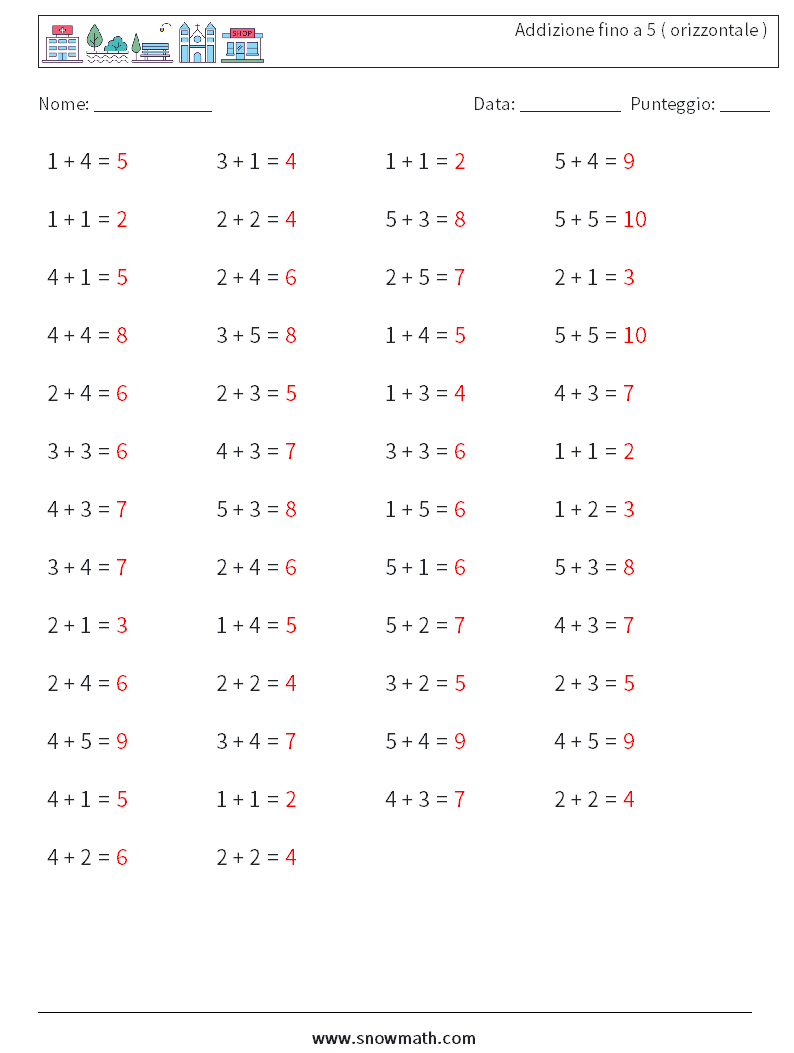 (50) Addizione fino a 5 ( orizzontale ) Fogli di lavoro di matematica 8 Domanda, Risposta