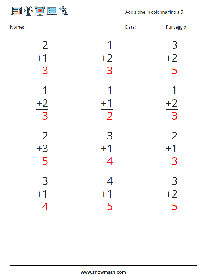 (12) Addizione in colonna fino a 5 Fogli di lavoro di matematica 1 Domanda, Risposta