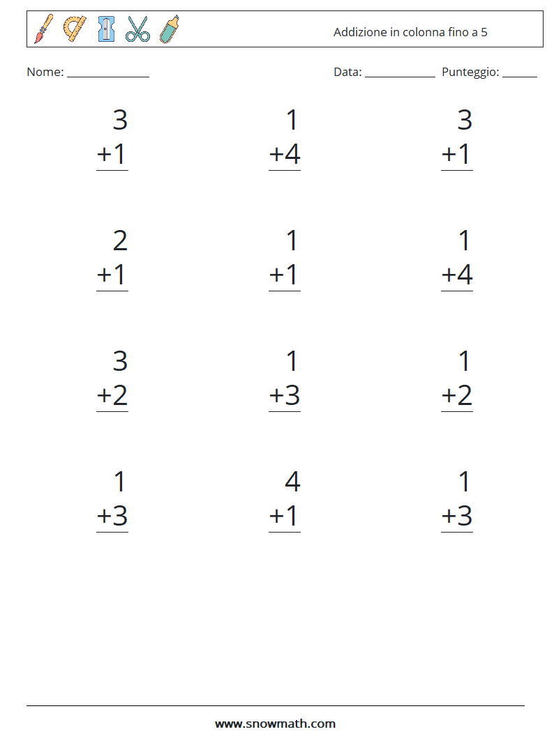 (12) Addizione in colonna fino a 5 Fogli di lavoro di matematica 2