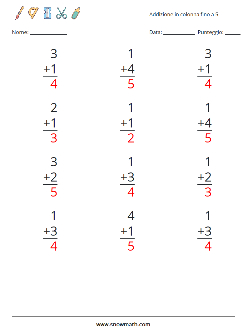 (12) Addizione in colonna fino a 5 Fogli di lavoro di matematica 2 Domanda, Risposta