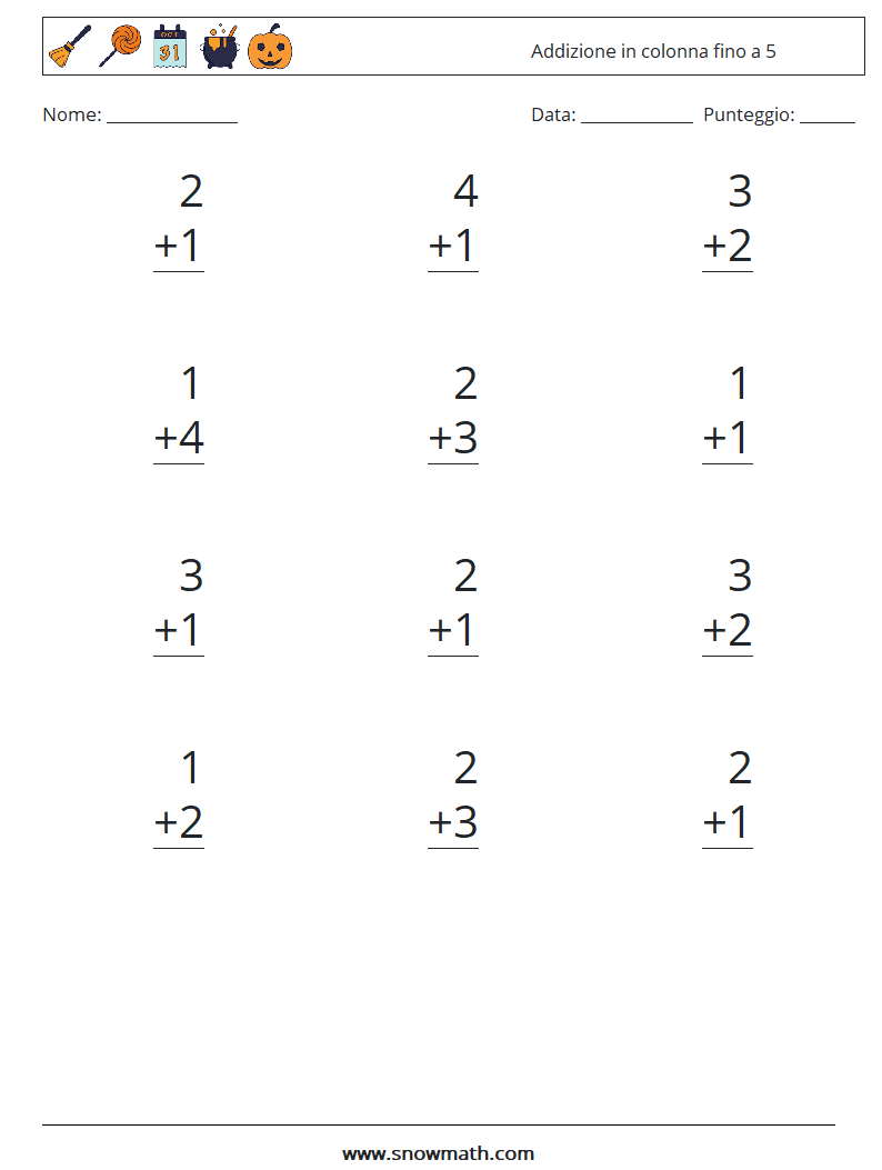 (12) Addizione in colonna fino a 5 Fogli di lavoro di matematica 3