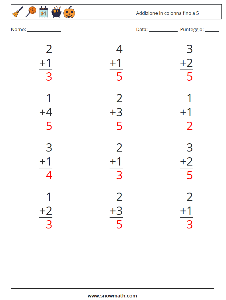(12) Addizione in colonna fino a 5 Fogli di lavoro di matematica 3 Domanda, Risposta