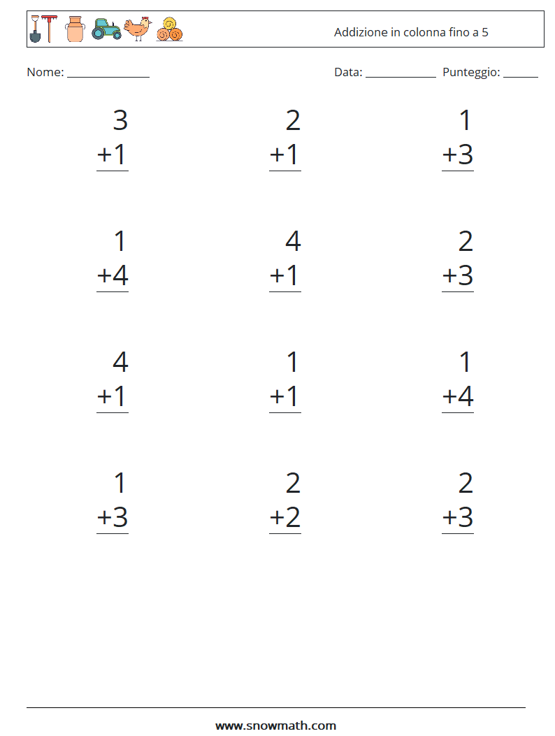 (12) Addizione in colonna fino a 5 Fogli di lavoro di matematica 4