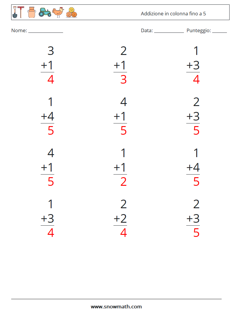 (12) Addizione in colonna fino a 5 Fogli di lavoro di matematica 4 Domanda, Risposta