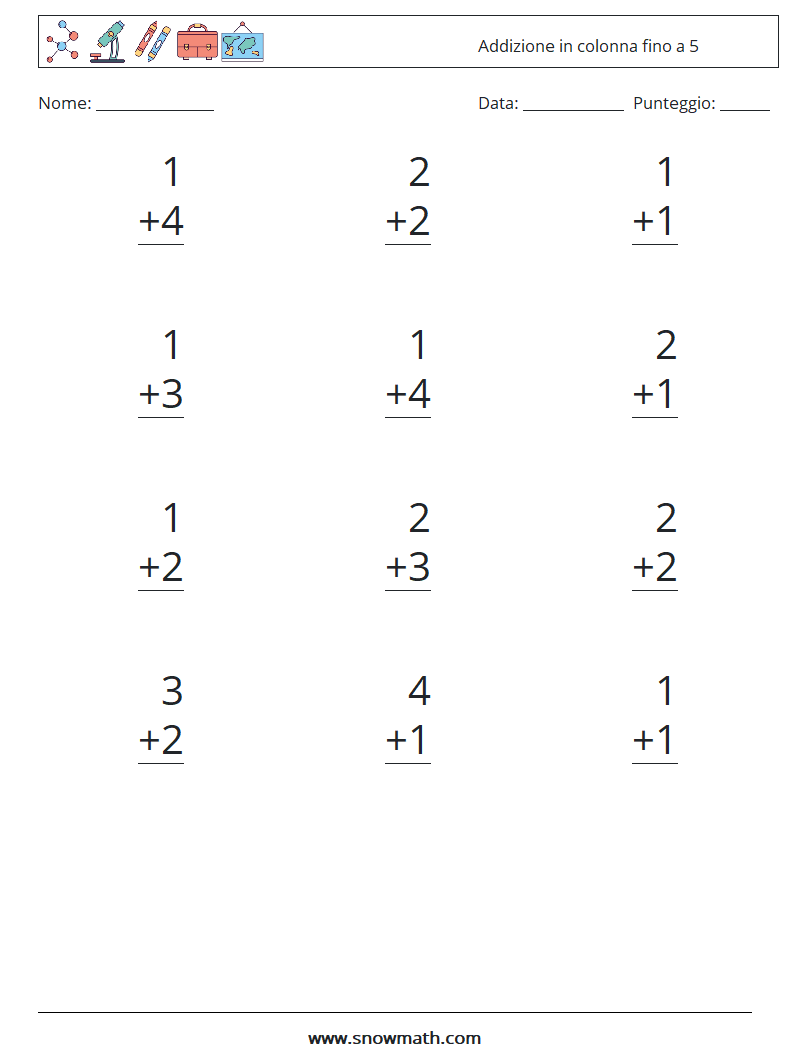 (12) Addizione in colonna fino a 5 Fogli di lavoro di matematica 5