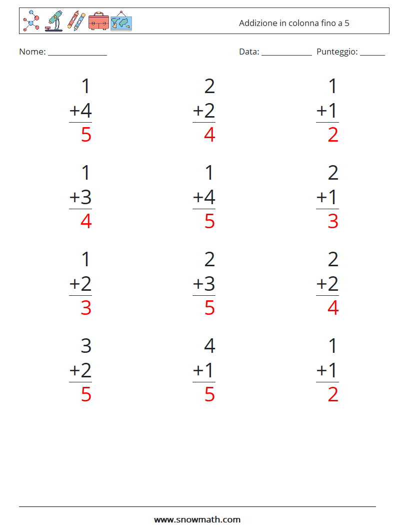 (12) Addizione in colonna fino a 5 Fogli di lavoro di matematica 5 Domanda, Risposta
