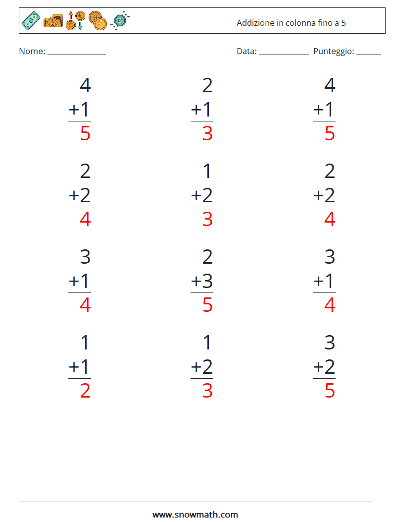 (12) Addizione in colonna fino a 5 Fogli di lavoro di matematica 6 Domanda, Risposta