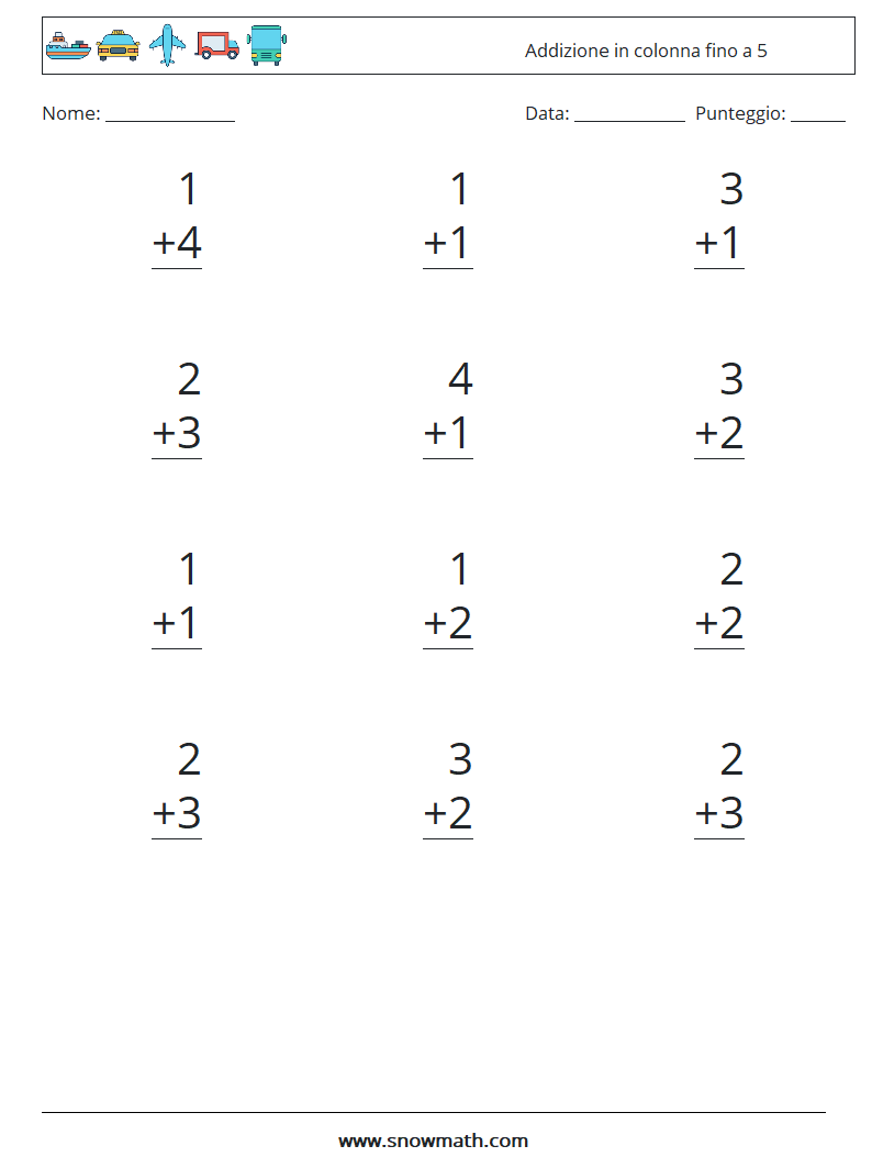 (12) Addizione in colonna fino a 5 Fogli di lavoro di matematica 7